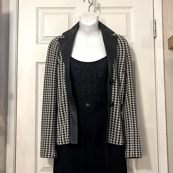 Classiques Entier Wool Leather Houndstooth Knit Blazer Fitted Cardigan Sweater